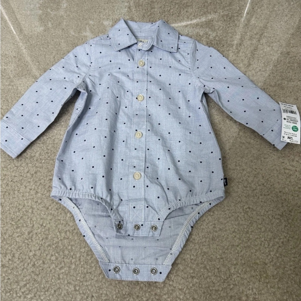 OSH KOSH B GOSH BLUE POLKA DOT BUTTON UP INFANT ROMPER 12 MOS $28
